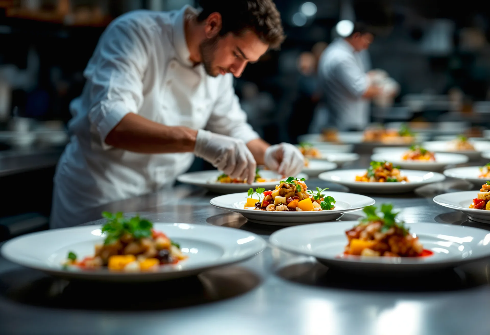 Equipo de cocina preparando platos