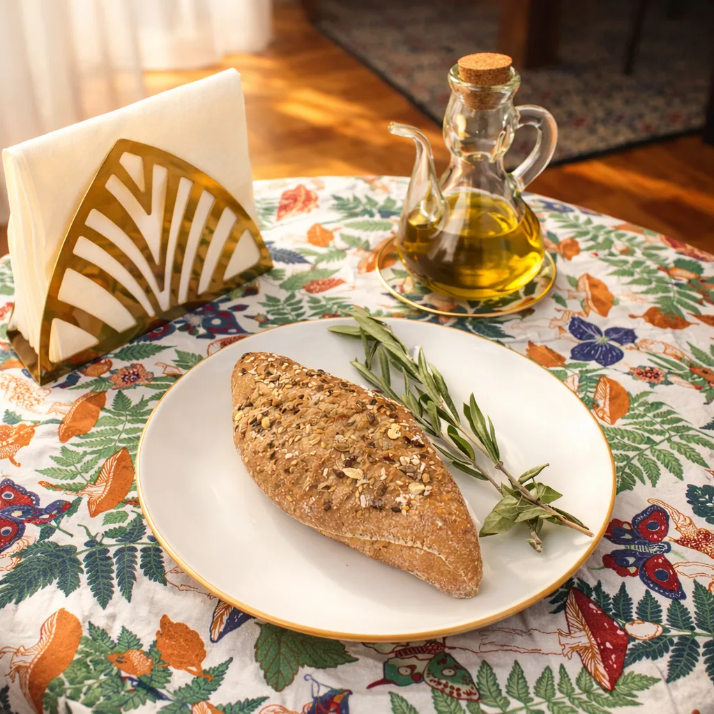 Pan de semillas junto a una botella de aceite de oliva